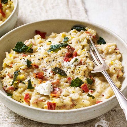 Smoky bacon, feta and leek risotto