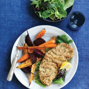 Beef schnitzel with roast vege wedges