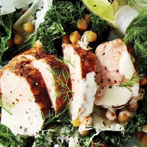 Cajun pork with roast chickpea and kale salad