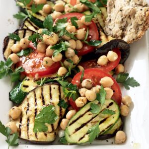 Chargrilled eggplant, courgette and tomato salad