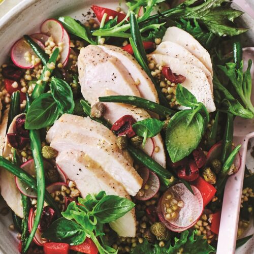 Chicken and buckwheat salad with raw and roasted vegies