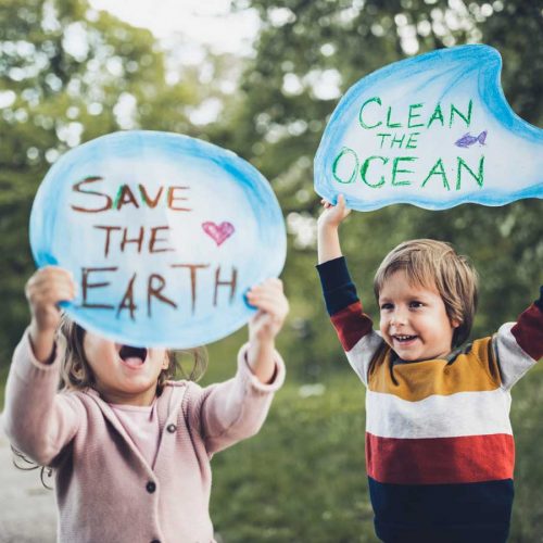 Children with climate change signs