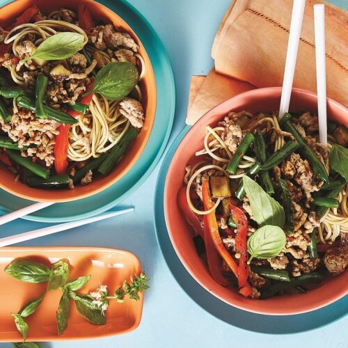 Chinese pork and eggplant stir-fry with egg noodles