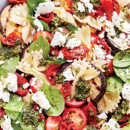 Farfalle salad with eggplant and semi-dried tomatoes