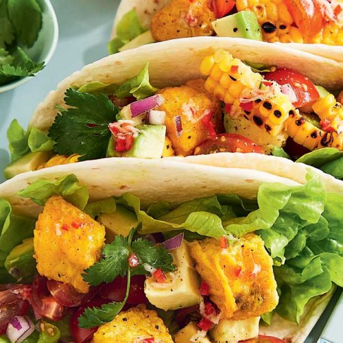 Fish tacos with corn and avocado salsa