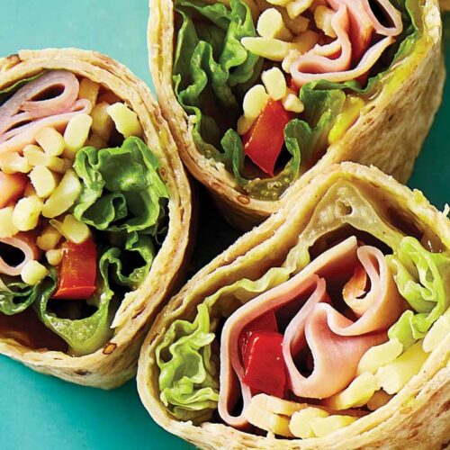 Ham, cheddar and corn relish pinwheel wraps