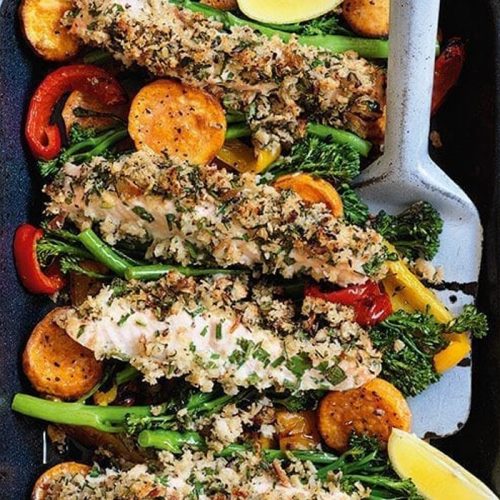 Herb-crusted salmon, broccolini and sweet potato bake