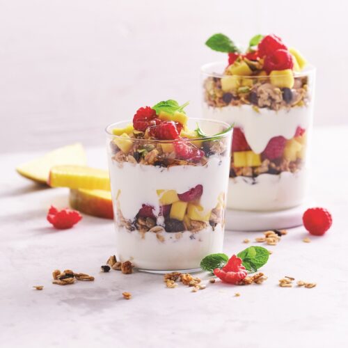 Raspberry and mango breakfast parfaits