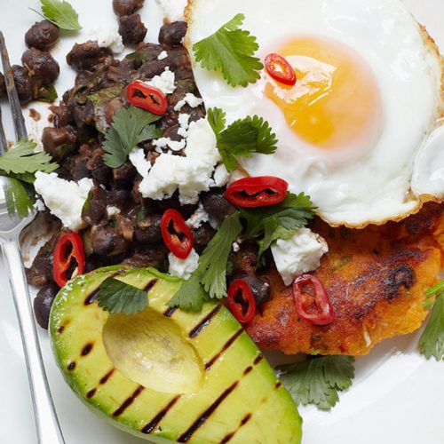 Sweet potato hash and smoky frijoles