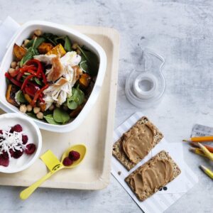 Lunchbox: Chicken, chickpea and roasted pumpkin salad + snacks