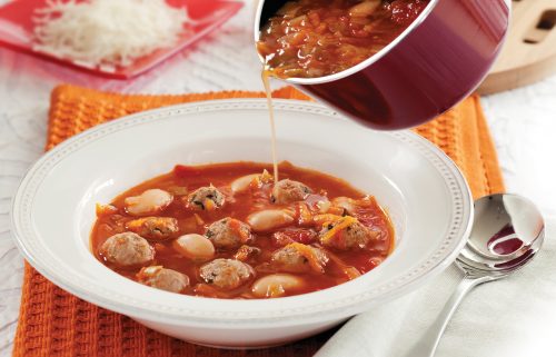 Minestrone soup with pork meatballs