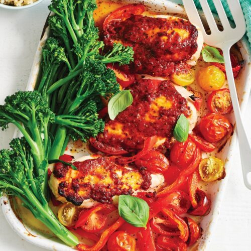 Pesto chicken bake with cherry tomatoes