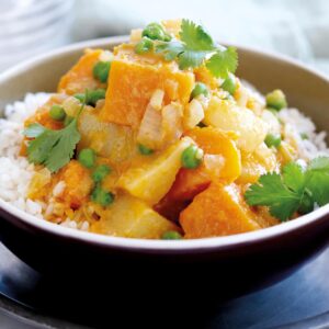 Pumpkin and potato curry with peas