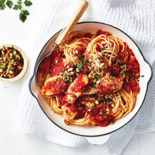 Red pepper pasta with chicken and nut pangrattato