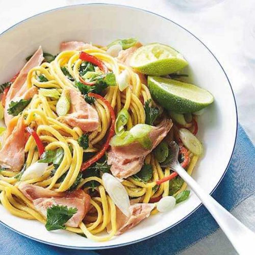 Salmon with peanut and sesame noodles