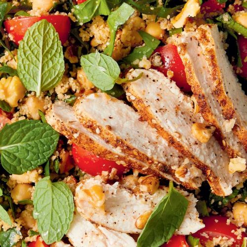 Spice-crusted chicken on chickpea and walnut salad