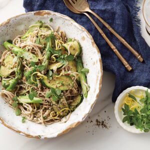 Spring vegie noodles with walnut pesto