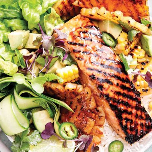 Salmon, pineapple and BBQ corn salad bowl