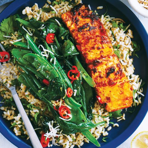 Tandoori salmon with toasted coconut greens