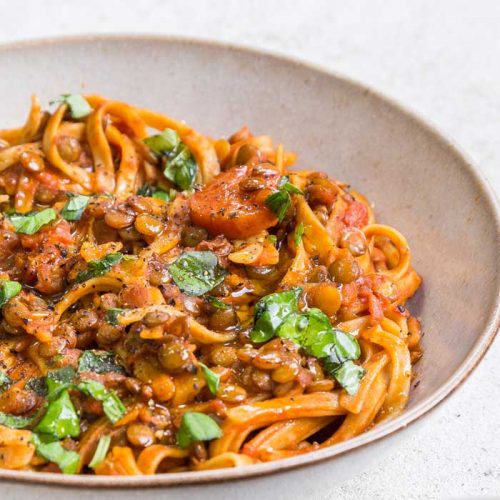 Vegan green lentil bolognese