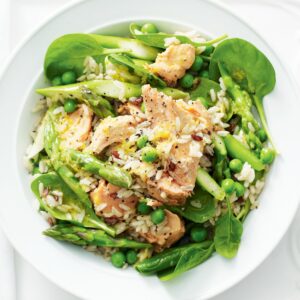 Warm asparagus, pea and salmon rice