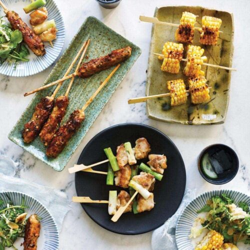 Yakitori skewers with seasonal salad