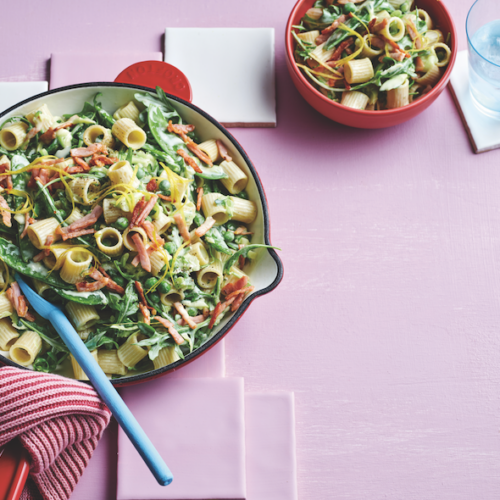 Gluten-free creamy pasta with bacon and zucchini