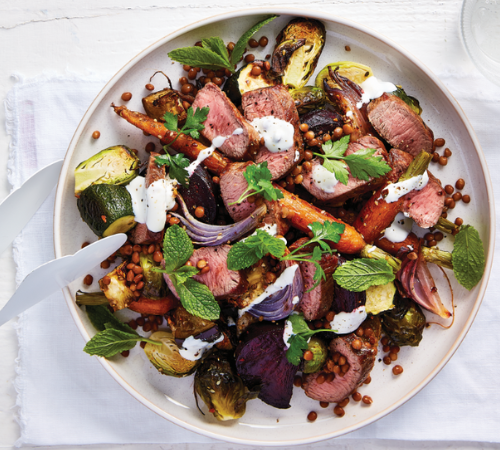 Warm winter salad of roast vegetables, lamb and lentils